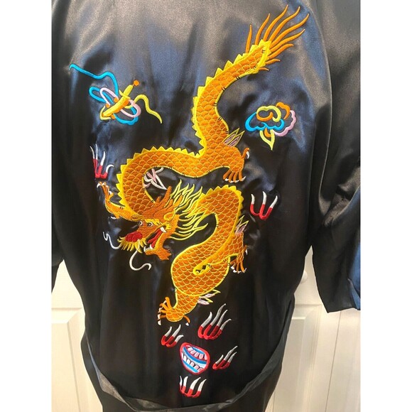 NEW Vtg Huahong Mei Satin Embroidered Kimono Robe XL Black Multi Asian Dragons - Picture 5 of 10